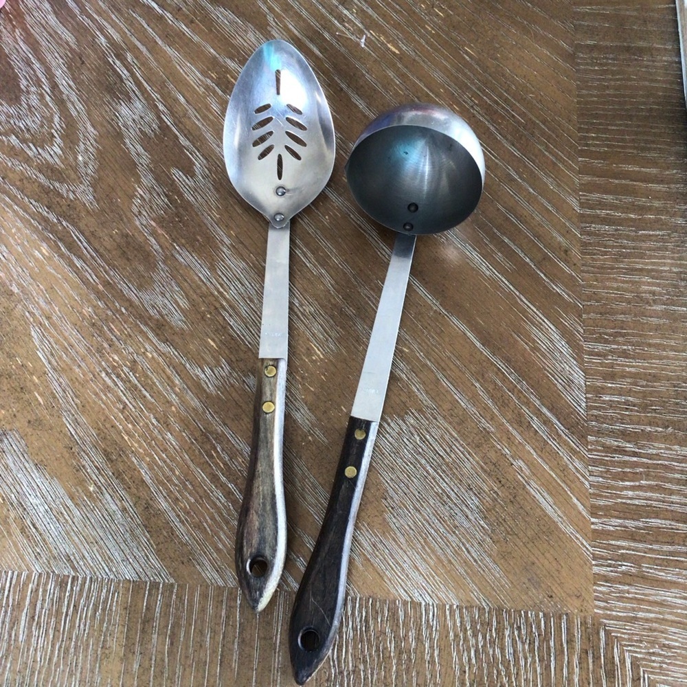 Vintage Stainless Steel Utensil Set Ladle Serving Spoon Wood Handle Japan 12”